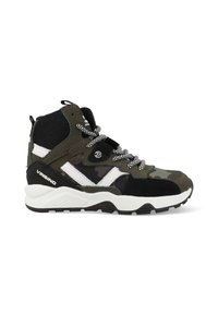 Hoge sneakers met een camouflagepatroon in groen en zwart, bovenwerk van mesh, witte accenten en een gestructureerde rubberen zool.
