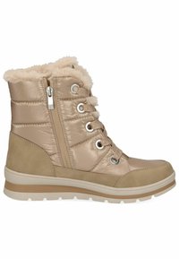 Bottines beiges à lacets avec doublure en fausse fourrure et tissu matelassé. Présentent une fermeture éclair sur le côté, des panneaux texturés et une semelle en caoutchouc.