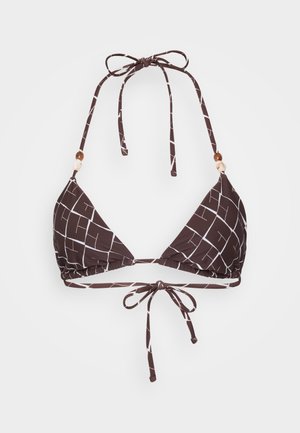 Top bikini marrone con motivo a griglia bianco, coppe triangolari, legami al collo e sulla schiena, e perline decorativa alle cinghie. Morbida texture del tessuto.