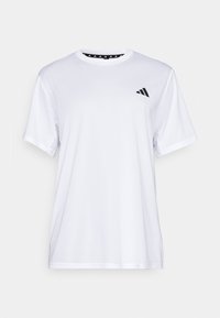 Camiseta blanca de manga corta hecha de una tela suave y ligera. Presenta un logo negro en el área del pecho izquierdo y un cuello interior con un patrón.