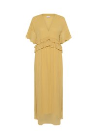Maxi dress in soft mustard fabric, featuring a V-neck, ruffled layers at the waist, and flutter sleeves. Flowing, lightweight design.