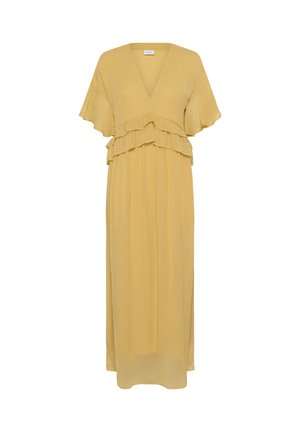 Maxikjole i blød sennepsfarvet stof, med V-udskæring, voluminøse lag ved taljen og flagrende ærmer. Svævende, let design.
