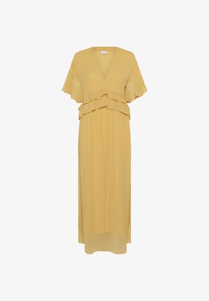 Maxikleid aus weichem Senffabrig, mit V-Ausschnitt, Rüschenschichten an der Taille und schwingenden Ärmeln. Fließendes, leichtes Design.