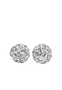 Runde Ohrringe mit einem Cluster aus klaren Kristallen, die in einer silberfarbenen Metallbasis eingefasst sind und eine strukturierte Oberfläche sowie einen reflektierenden Glanz aufweisen.