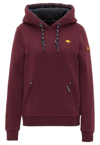 Sweat à capuche bordeaux en matériau doux. Doté d'une poche avant, d'un cordon de serrage et d'un détail brodé de parapluie jaune.