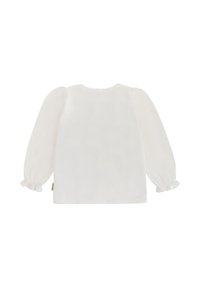 Blusa bianca a maniche lunghe con maniche a sbuffo, polsini arricciati e scollatura a scalloped. Tessuto morbido senza motivi visibili o parti in metallo.