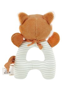 Plush toy in fox shape with orange corduroy head and striped green fabric body. Features two ears and a hollow center for grip.