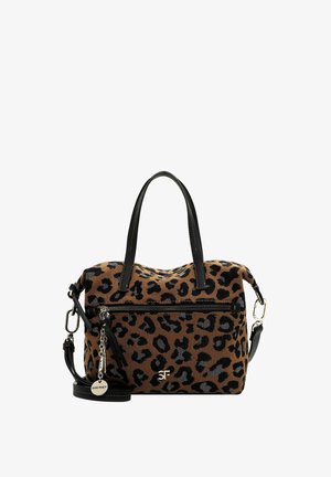 Leopardmønstret håndtaske med sorte detaljer, lavet af stofmateriale, to top håndtag, aftagelig skulderrem og en frontlomme med lynlås.