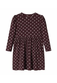 Bourgogne långärmad klänning i ett texturerat tyg, med ett blommönster i vitt och blått. Åtsittande bodice med en utsvängd kjol.