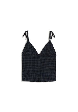 Top court sans manches à carreaux noir et bleu foncé avec bretelles nouées et taille smockée, avec décolleté en V.