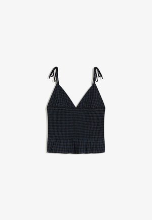 Zwart en donkerblauw geruit mouwloos cropped topje met strikbandjes en een geplooide taille, met een V-hals.