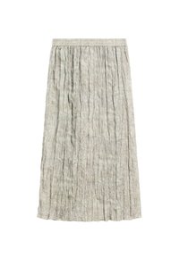 Jupe plissée mi-longue en tissu gris clair. Taille élastique et texture douce avec des plis verticaux pour un intérêt visuel.