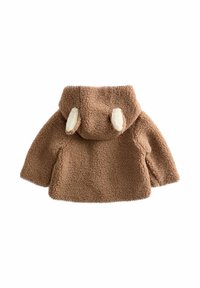 Giacca in pile marrone con finitura testurizzata, cappuccio con accenti bianchi a forma di orecchie e una vestibilità ampia e accogliente.