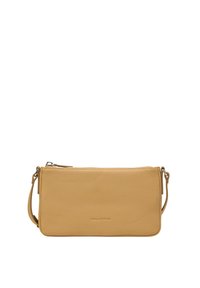 Żółta skórzana kopertówka o gładkiej fakturze, z zamknięciem na zamek i odczepianym paskiem. Posiada subtelne logo z przodu.