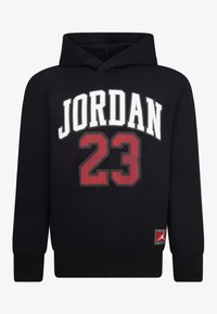 Felpa nera con cappuccio con la scritta "JORDAN" in bianco e "23" in rosso centrati sul davanti. Polsini e orlo a coste, con una patch del logo sulla parte inferiore.