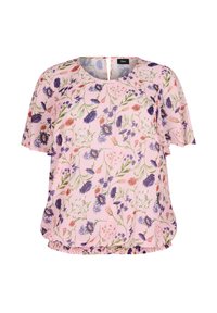 Blusa floreale in morbido tessuto rosa. Presenta un collo rotondo, maniche corte e orlo elastico. Il motivo comprende fiori viola, rosa e verdi.