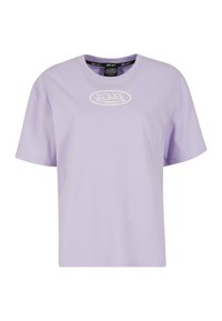Šviesiai violetinė medvilninė marškinėliai su trumpomis rankovėmis ir apvaliu kaklu. Priekyje yra baltas ovalus logotipas "Von Dutch Originals".