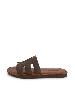 Brown suede slide sandal featuring an open toe, two cut-out vertical straps, and a flat leather insole with light stitching accents.