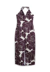 Abito halter viola e crema con un motivo floreale; presenta un corpetto aderente, una forma snella e una fessura frontale per un tocco di dettaglio in più.