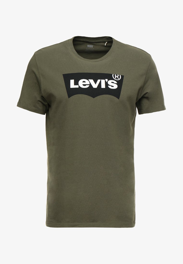 Olivegrünes Baumwoll-T-Shirt mit einem großen schwarzen Levi's-Logo auf der Vorderseite. Klassischer Rundhalsausschnitt und kurze Ärmel, glatte Textur.