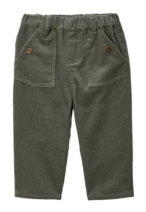 Pantalons en velours côtelé vert olive avec une taille élastique, comportant deux poches avant, et sont ornés de boutons bruns et d'une texture côtelée.