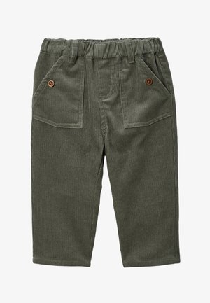 Pantalons en velours côtelé vert olive avec une taille élastique, comportant deux poches avant, et sont ornés de boutons bruns et d'une texture côtelée.