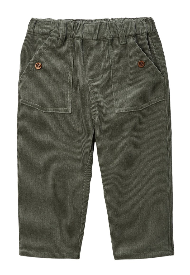 Pantalons en velours côtelé vert olive avec une taille élastique, comportant deux poches avant, et sont ornés de boutons bruns et d'une texture côtelée.