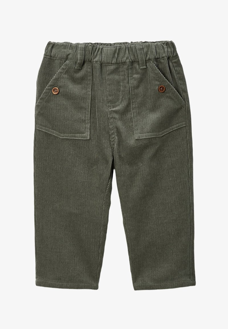 Pantalons en velours côtelé vert olive avec une taille élastique, comportant deux poches avant, et sont ornés de boutons bruns et d'une texture côtelée.