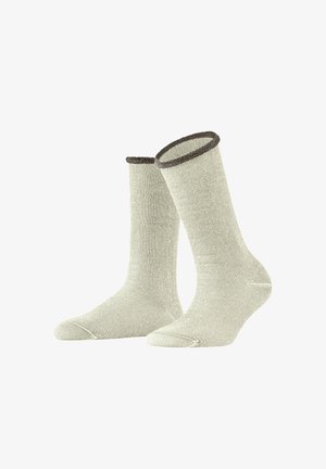 Light gray socks made of textured material with a contrasting dark gray ribbed cuff. Mid-calf length with reinforced toe and heel.