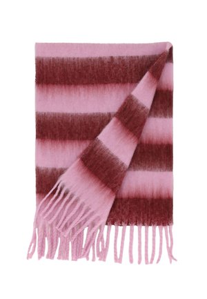 Gestreifter Schal in verschiedenen Rosa- und Burgunder-Tönen, aus weichem Material gefertigt. Mit fransigen Kanten und einem Farbverlauf-Muster.