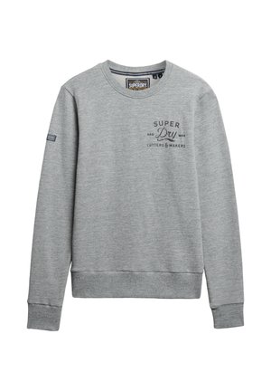 Sweatshirt gris à col rond avec des manches longues, fabriqué en tissu en mélange de coton. Présente un texte imprimé sur la poitrine et des poignets et une taille côtelés.