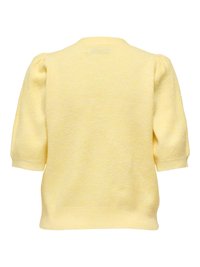 Pull jaune doux à manches courtes avec épaules bouffantes et poignets et ourlet côtelés, présenté de dos.