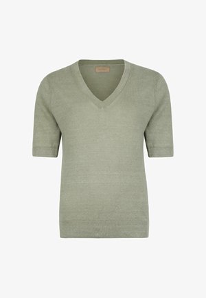 Let olivengrøn strikket kortærmet sweater med V-hals og ribkanter på ærmer og kant, mærket Falconeri inde i kraven.