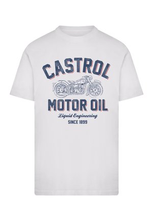 White cotton t-shirt featuring a blue and red printed graphic of a motorcycle and the text "CASTROL MOTOR OIL Liquid Engineering Since 1899."