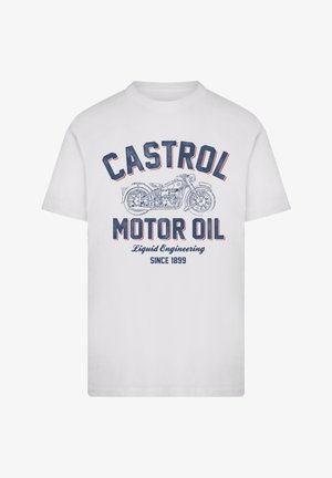 White cotton t-shirt featuring a blue and red printed graphic of a motorcycle and the text "CASTROL MOTOR OIL Liquid Engineering Since 1899."