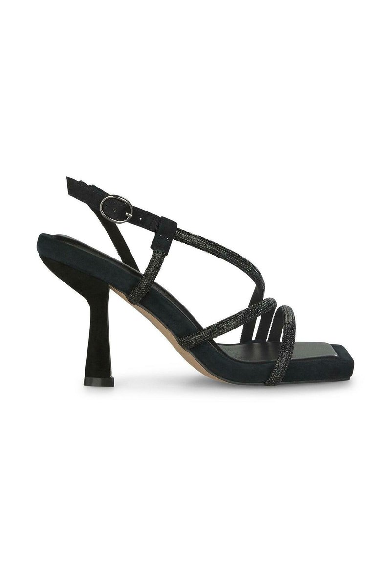 Sandalo con tacco alto in suede nero, con punta quadrata, cinturini incrociati glitterati e un robusto tacco a blocco per stabilità.