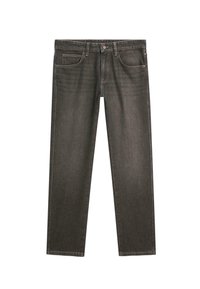 Jeans in denim grigio scuro con un design a gamba dritta, dotati di cinque tasche, chiusura con bottone e dettagli di cuciture sottili.