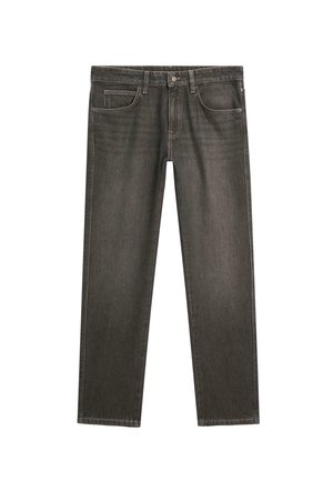 Mørkegrå denim jeans med lige snit, som har fem lommer, knaplukning og diskrete syninger.