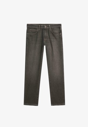 Dunkelgraue Jeans aus Denim mit geradem Schnitt, ausgestattet mit fünf Taschen, Knopfverschluss und dezenten Steppnähten.