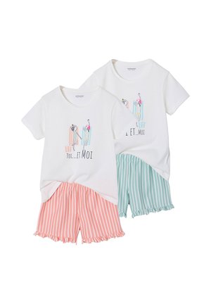 Two sets of white short-sleeve tops with dancing figures and striped ruffle-hem shorts, one pink and one light blue.