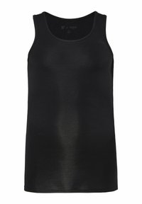 Czarny, bezrękawnik z gładkiej tkaniny z okrągłym dekoltem i dopasowanym krojem. Minimalistyczny design, bez wzorów i zdobień.