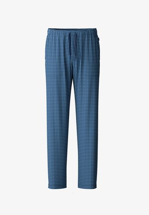 Blauwe pyjamabroek met een patroon, voorzien van een drawstring tailleband, lichtgewicht stof en een geometrisch ontwerp met kleine witte accenten.