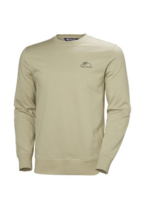 Sudadera de color verde oliva claro, hecha de tela suave, con cuello redondo, mangas largas y un pequeño logo en el pecho izquierdo.