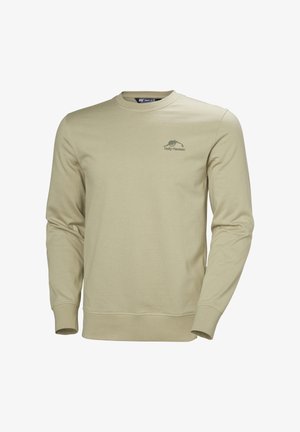 Sudadera de color verde oliva claro, hecha de tela suave, con cuello redondo, mangas largas y un pequeño logo en el pecho izquierdo.