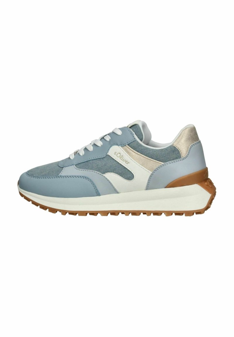 Scarpa sportiva azzurro chiaro con dettagli in bianco e oro metallico, tomaia testurizzata, suola bianca e suola in gomma per trazione.