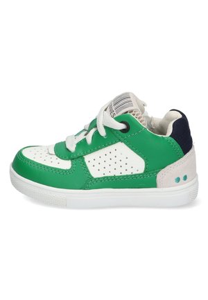 Green and white leather sneaker with perforated details and white laces. Features a navy heel and a light gray suede accent. Flat sole.