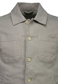 Light gray denim jacket with a collar, five buttons, and two chest pockets. Features a smooth texture and a functional design.