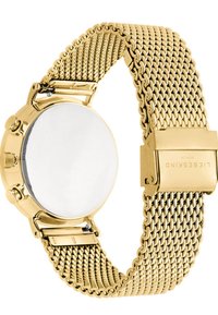 Orologio con cinturino in rete dorata e quadrante rotondo argentato. Presenta un case lucido, chiusura a scatto e un design minimalista. Nessuna marcatura visibile.