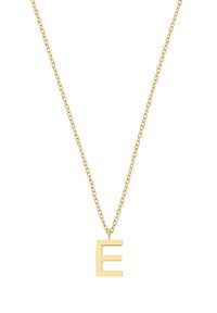 Kuldne kaelakee, millel on õhuke kett ja julge, suurtäht "E" ripats, millel on sile ja poleeritud viimistlus.