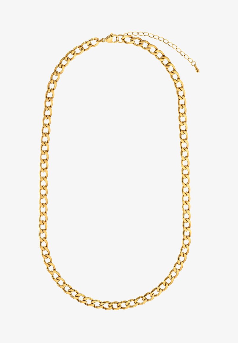 Collier chaîne en or avec des maillons ovales plats emboîtés et un fermoir homard avec chaîne d'extension réglable.